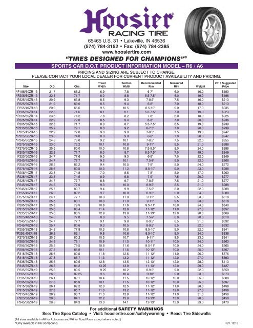 Price List - Hoosier Racing Tire