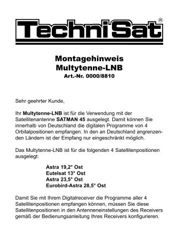 Montagehinweis Multytenne-LNB