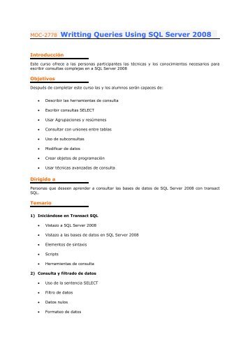 MOC-2778 Writting Queries Using SQL Server 2008 - Consultec