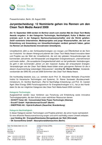 Presseinformation, 26.8._Nominierte_Clean Tech Media Award 2009
