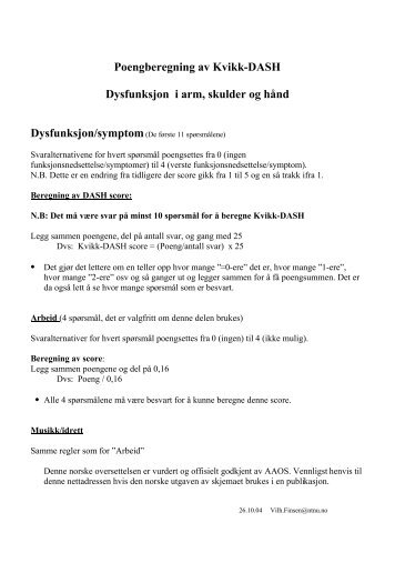 Poengberegning av Kvikk-DASH Dysfunksjon i arm, skulder og ...