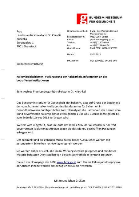 Frau LandessanitÃ¤tsdirektorin Dr. Claudia Krischka Europaplatz 1 ...