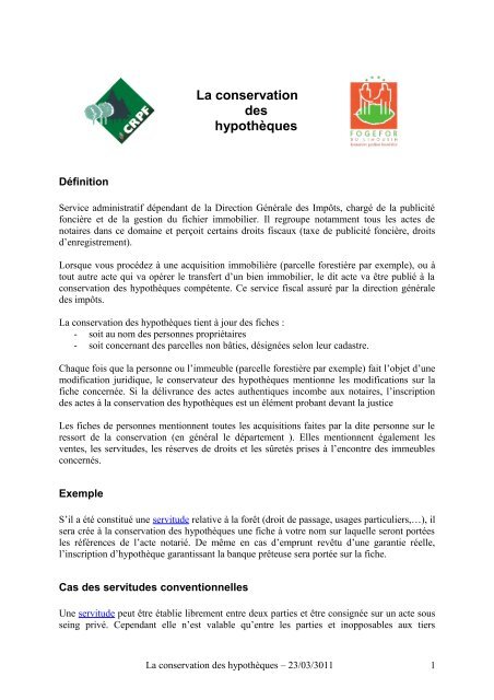 La conservation des hypothÃ¨ques - CRPF Limousin