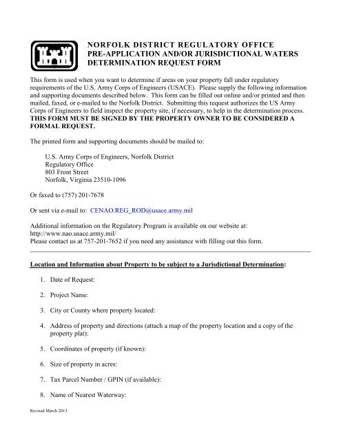 Pre-Application Request Form - Norfolk District - U.S. Army