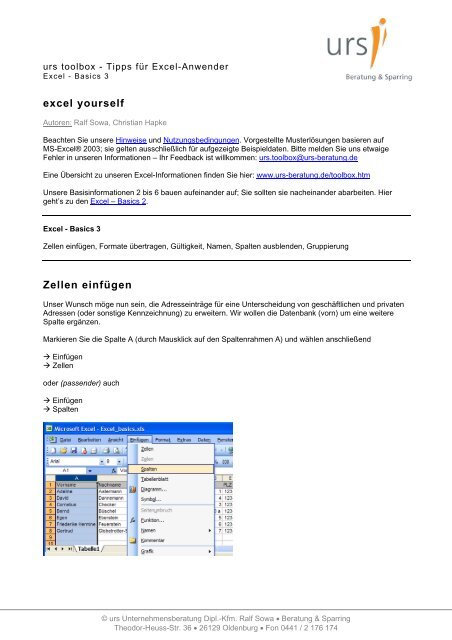 Excel - Basics 3 - Urs Beratung & Sparring - Ralf Sowa