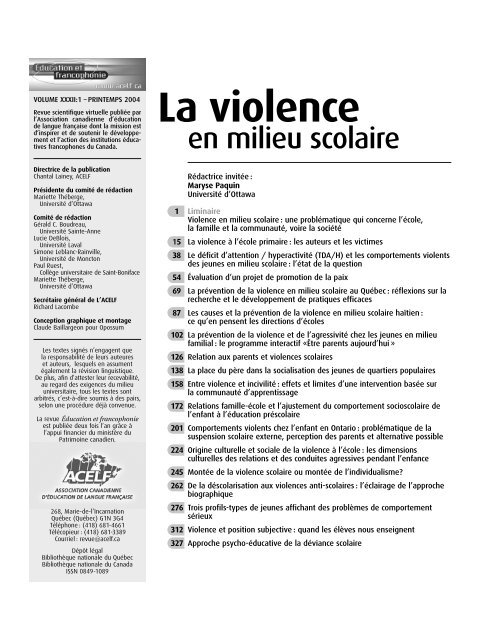 Violence en milieu scolaire : - acelf