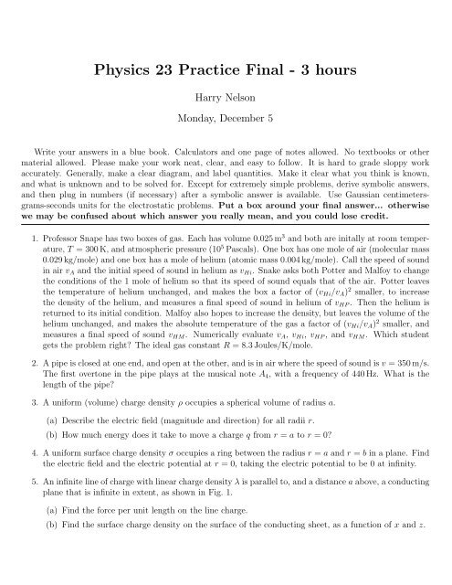 Physics 23 Practice Final - 3 hours - UCSB HEP