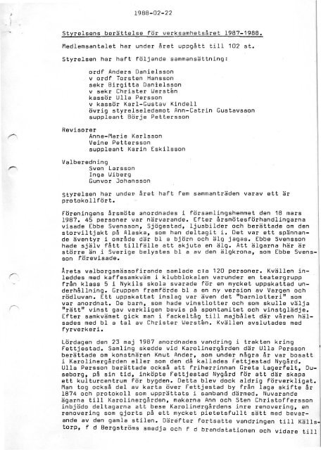 Verksamhetsberättelse för år 1987 - Gammalkils Hembygdsförening
