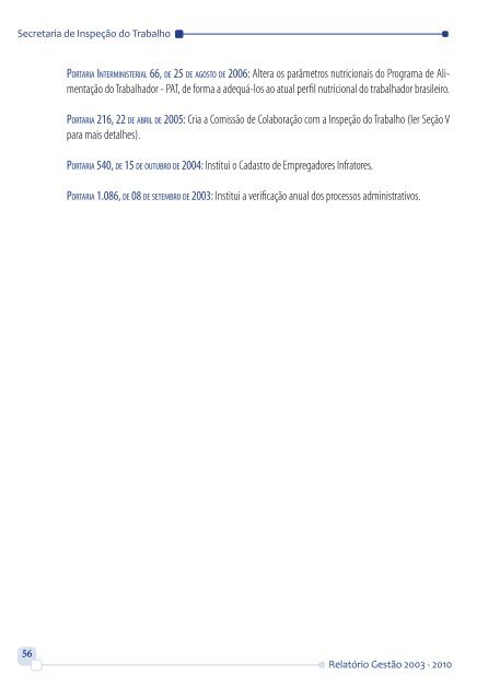 RelatÃ³rio de GestÃ£o 2003 - 2010 - MinistÃ©rio do Trabalho e Emprego