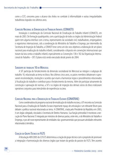 RelatÃ³rio de GestÃ£o 2003 - 2010 - MinistÃ©rio do Trabalho e Emprego