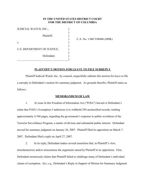 Plaintiff's Surreply to Defendant's Motion for ... - Judicial Watch