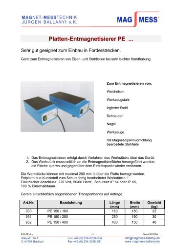 Platten-Entmagnetisierer PE ...