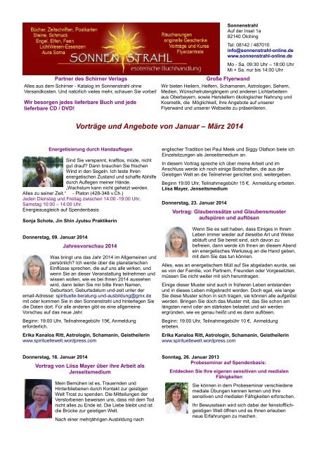 Vortrage Und Angebote Von Januar Marz 2014 Sonnenstrahl