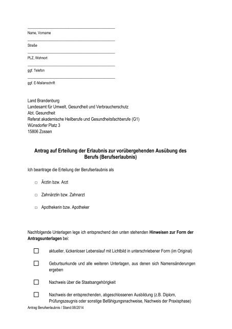 der Erlaubnis zur vorübergehenden Ausübung des Berufs - LUGV