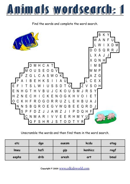 pics Mb Words Worksheet wordsearch animals 1 worksheet esl