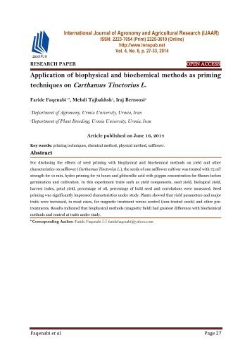 Application of biophysical and biochemical methods as priming techniques on Carthamus Tinctorius L.