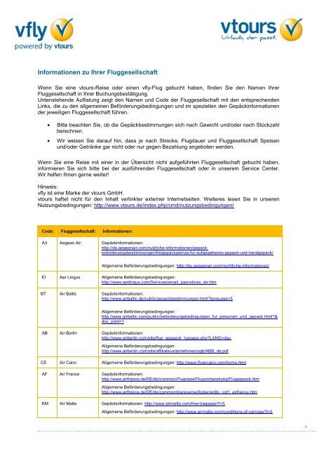 Gepäckinformationen Fluggesellschaften - Vtours