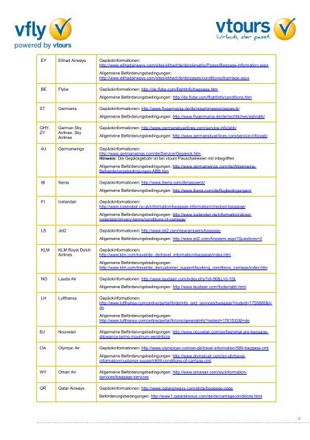Gepäckinformationen Fluggesellschaften - Vtours