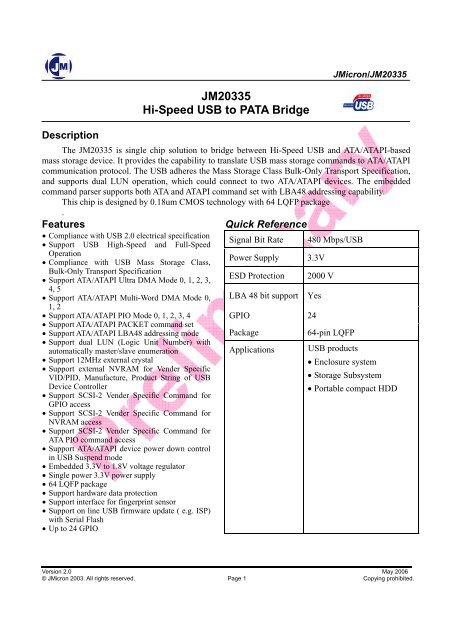 JM20335 Hi-Speed USB to PATA Bridge