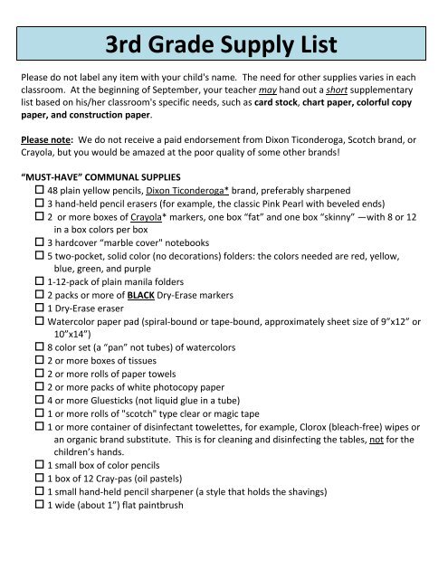 3rd Grade Supply List (Fall 2012) - Ps 87