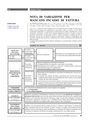 NOTA DI VARIAZIONE PER MANCATO INCASSO DI FATTURA - Ratio