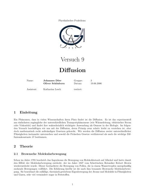 Versuch 9 Diffusion - physics - Johannes DÃ¶rr