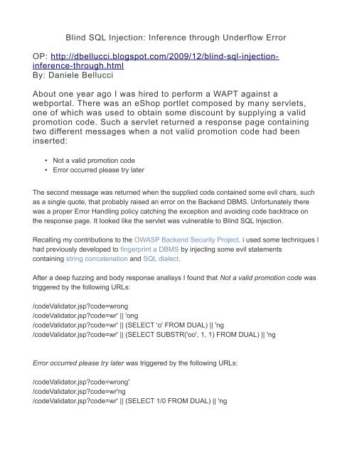 Blind SQL Injection: Inference through Underflow Error OP ... - dc414