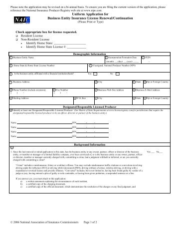 Uniform Application for Business Entity Insurance License Renewal ...