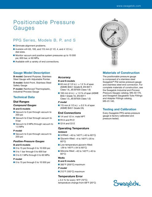 Positionable Pressure Gauges Ppg Series Models B P Swagelok