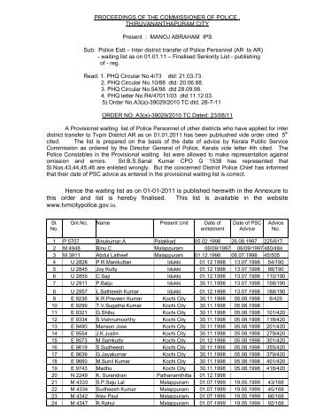 Hence the waiting list as on 01-01-2011 is published herewith in the ...