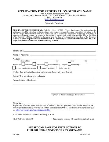 APPLICATION FOR REGISTRATION OF TRADE NAME - Nebraska ...