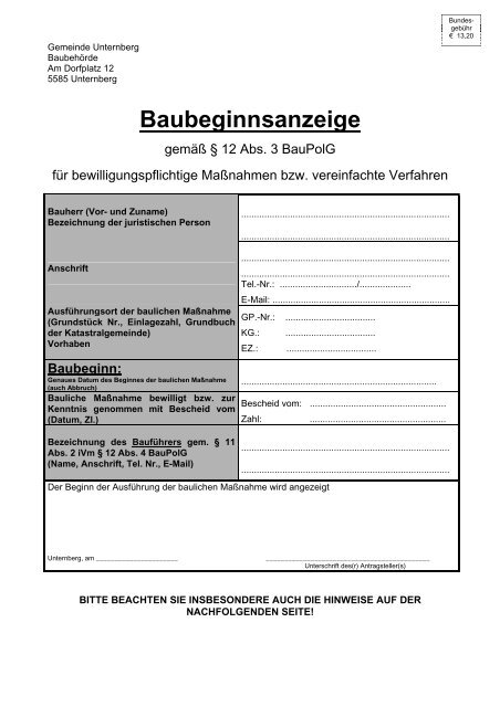 Baubeginnsanzeige - Unternberg