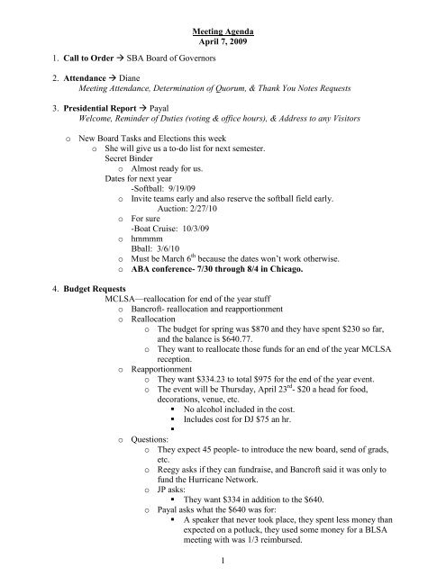 1 Meeting Agenda April 7, 2009 1. Call to Order → SBA Board of ...