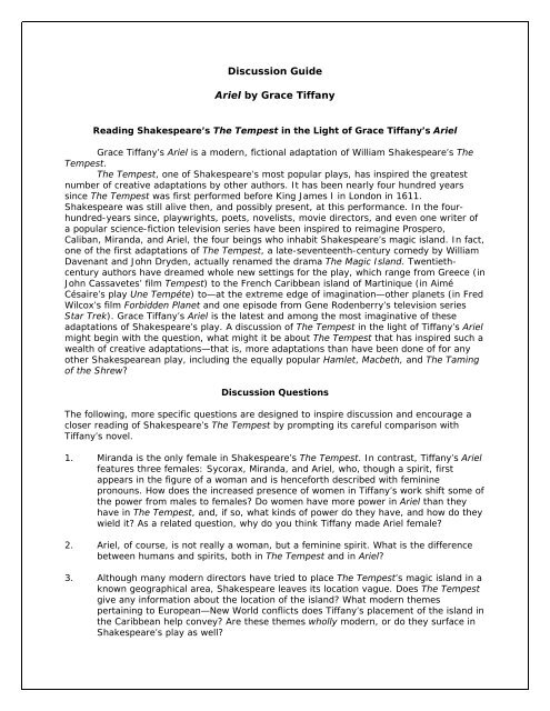 Discussion Guide Ariel by Grace Tiffany