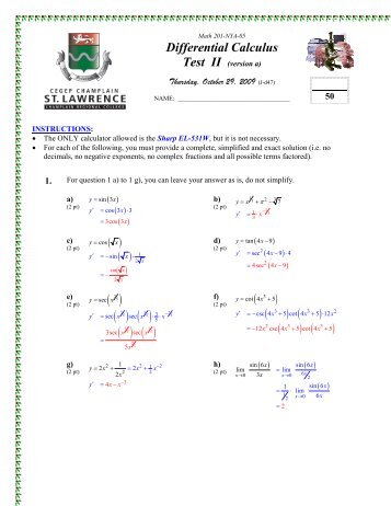 Differential Calculus Test II (version a) - SLC Home Page