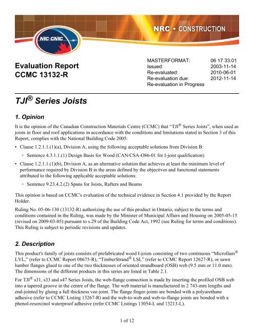 Ccmc Evaluation Number 13132 R For Tjia Series Joists