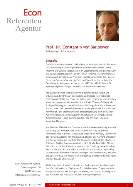 Prof. Dr. Constantin von Barloewen - Econ Referenten-Agentur