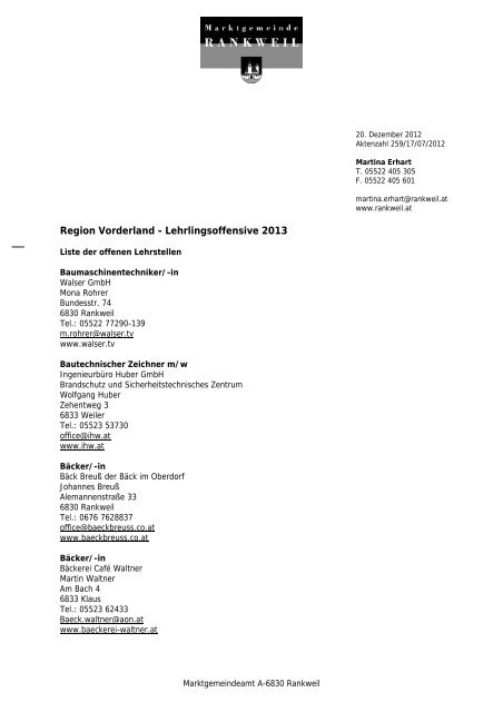 Liste der offenen Lehrstellen