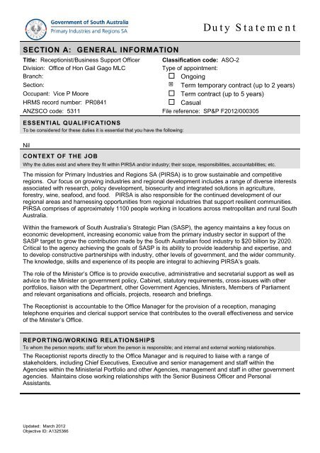 Duty statement template - Vacancies.sa.gov.au