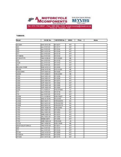 Yamaha Keyster Cross Reference List - mcomp.co.za