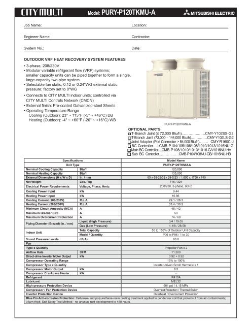 Model: PURY-P120 TKMU-A - Mitsubishi Electric Sales Canada Inc.