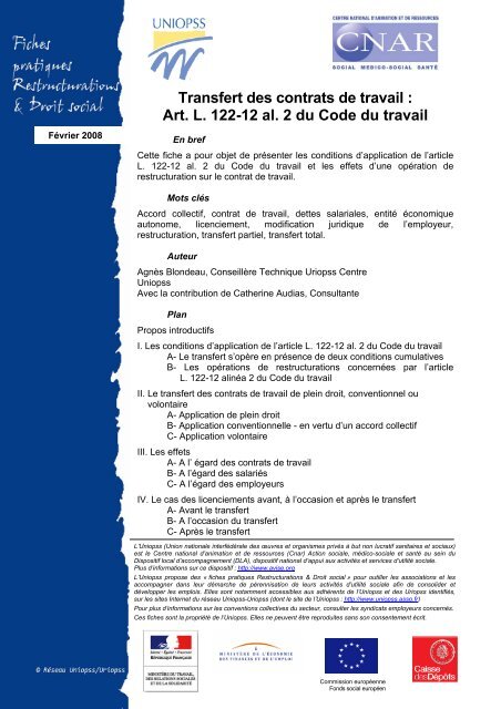 Transfert des contrats de travail : Art. L. 122-12 al. 2 du ... - Uniopss