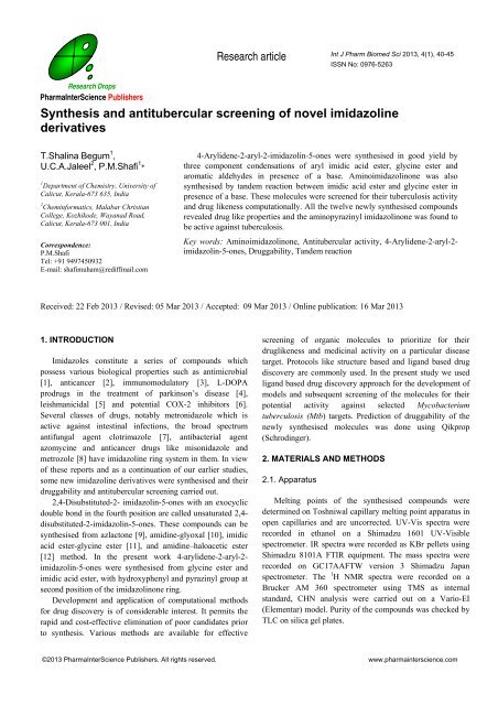 Synthesis and antitubercular screening of novel imidazoline ...