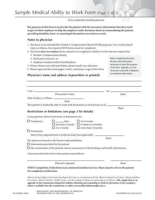 Sample Medical Ability to Work Form - Alberta Human Rights ...