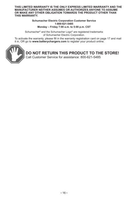 do not return this product to the store! - Schumacher Electric ...