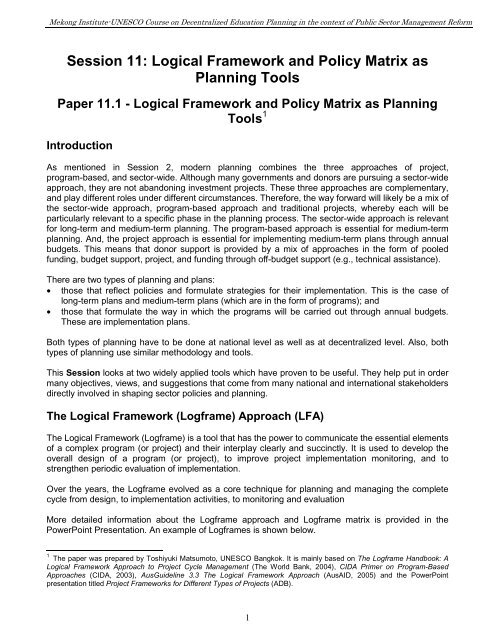 Logical Framework and Policy Matrix as - UNESCO Bangkok