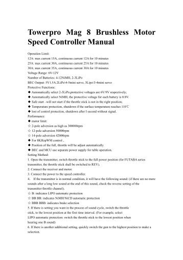 Towerpro Mag 8 Brushless Motor Speed Controller Manual