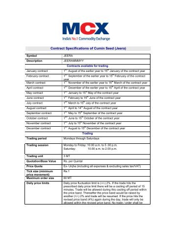 Contract Specifications of Cumin Seed (Jeera) - MCX