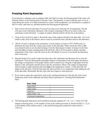 freezing point depression lab Ap lab report 2: freezing point depression lance schell, colin livasy, erin tatman, and niral rajyaguru park hill south high school block one advanced placement (ap) chemistry january 20, 2009 abstract in this lab, the purpose was to use the freezing point depression method to determine the molecular weight of benzoic acid. freezing point depression lab Ap lab report 2: freezing point depression lance schell, colin livasy, erin tatman, and niral rajyaguru park hill south high school block one advanced placement (ap) chemistry january 20, 2009 abstract in this lab, the purpose was to use the freezing point depression method to determine the molecular weight of benzoic acid.