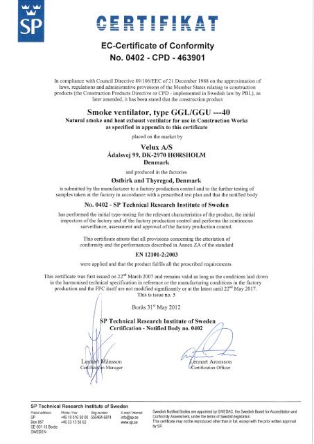 EC-Certificate of Conformity No. 0402 - CPD - 463901 - Velux